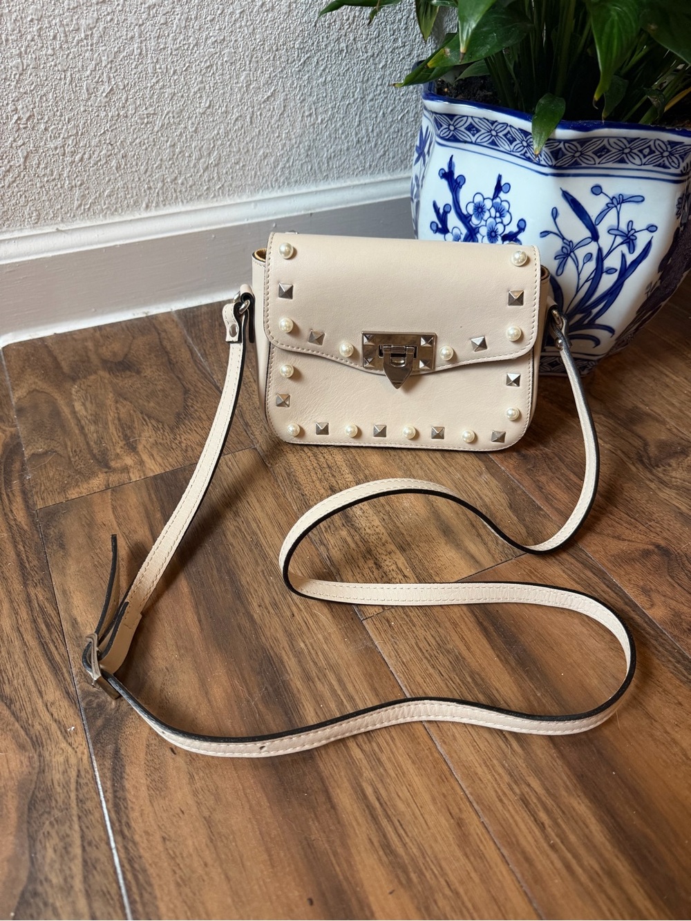Genuine Leather Cream Studded Crossbody Bag